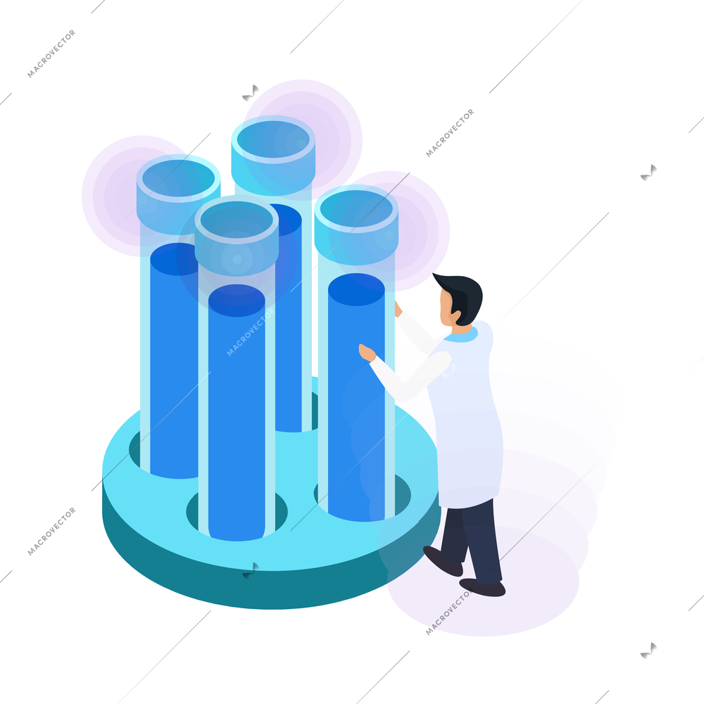 Water purification isometric icon with laboratory worker and tubes 3d vector illustration