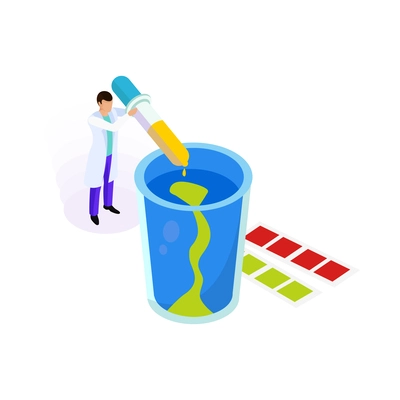 Water purification isometric icon with laboratory worker performing tests 3d vector illustration
