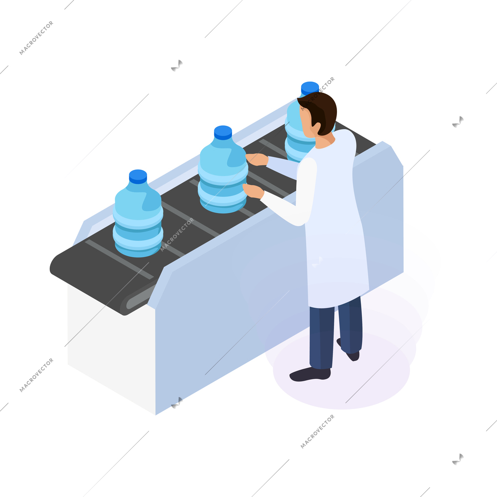Water purification isometric icon with worker and bottles on conveyor line 3d vector illustration