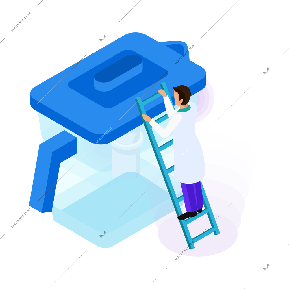 Water purification icon with laboratory worker and filter 3d isometric vector illustration