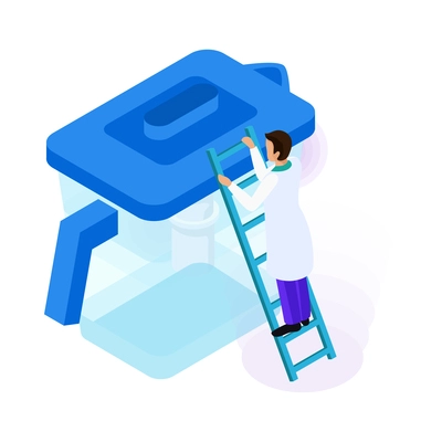 Water purification icon with laboratory worker and filter 3d isometric vector illustration