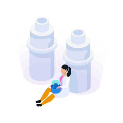 Water purification isometric icon with female scientist and laboratory equipment 3d vector illustration