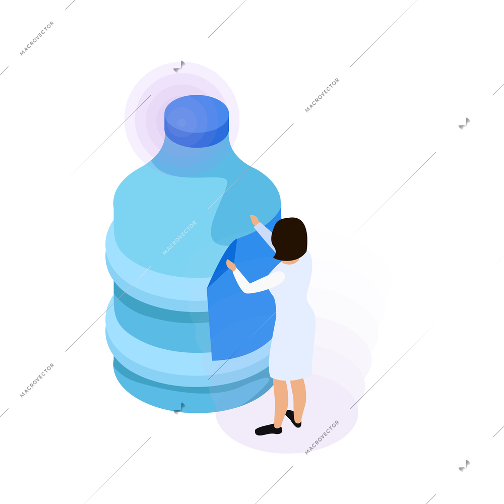 Water purification isometric icon with female character and plastic bottle 3d vector illustration