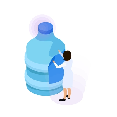 Water purification isometric icon with female character and plastic bottle 3d vector illustration