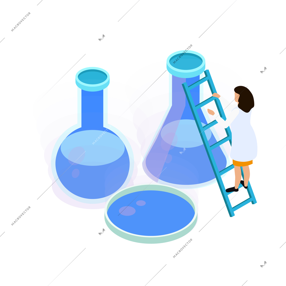 Water purification icon with female laboratory worker and flasks 3d isometric vector illustration