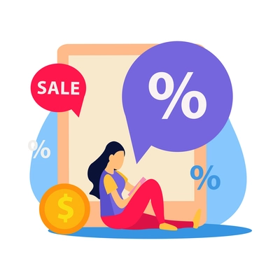 Great sale discounts flat concept with female character and percent signs vector illustration