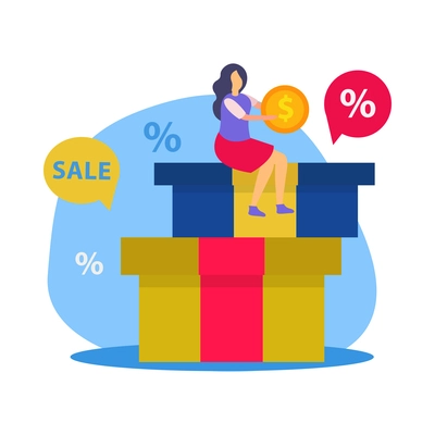 Great sale shopping flat concept with woman holding coin and sitting on gift boxes vector illustration