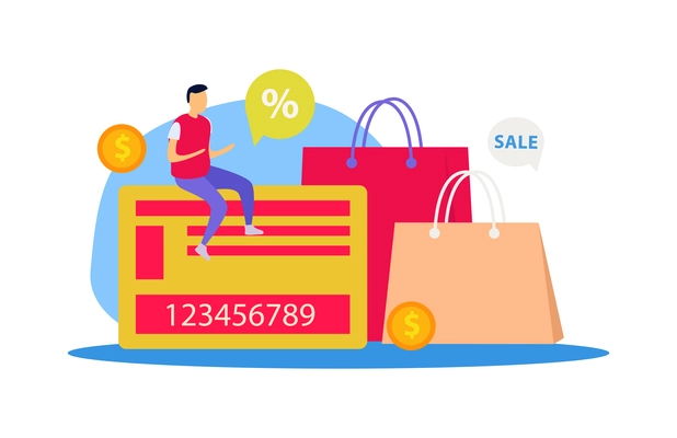 Flat great sale concept with shopping bags card and human character vector illustration