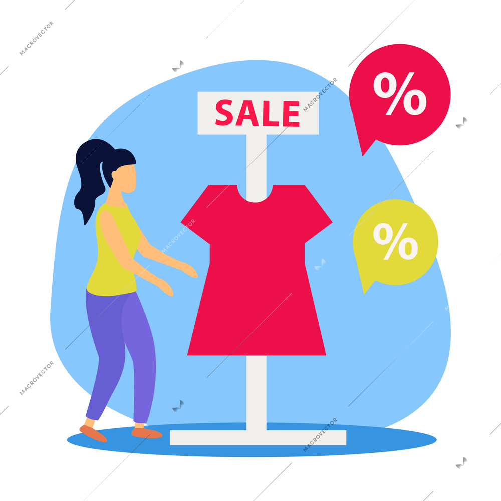 Great sale concept with female customer and tshirt flat vector illustration