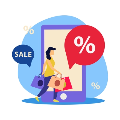 Great sale online shopping flat concept with female customer carrying paper bags and smartphone vector illustration