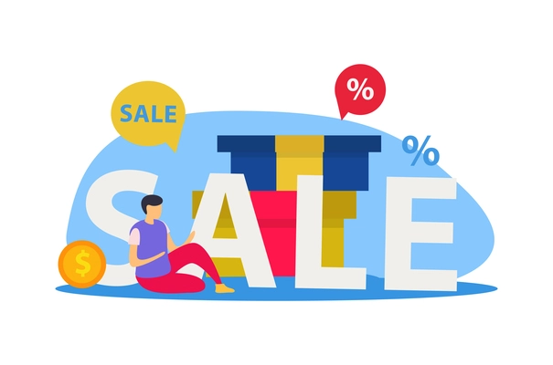 Great sale concept with customer and boxes flat vector illustration