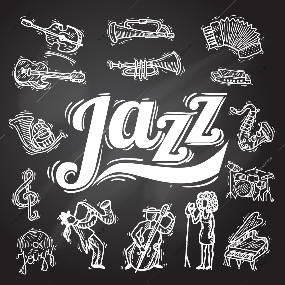 Jazz music decorative icons chalkboard set with instruments musicians and vinyl isolated vector illustration