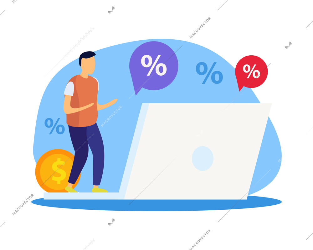 Great sale online shopping flat concept with male customer and laptop vector illustration