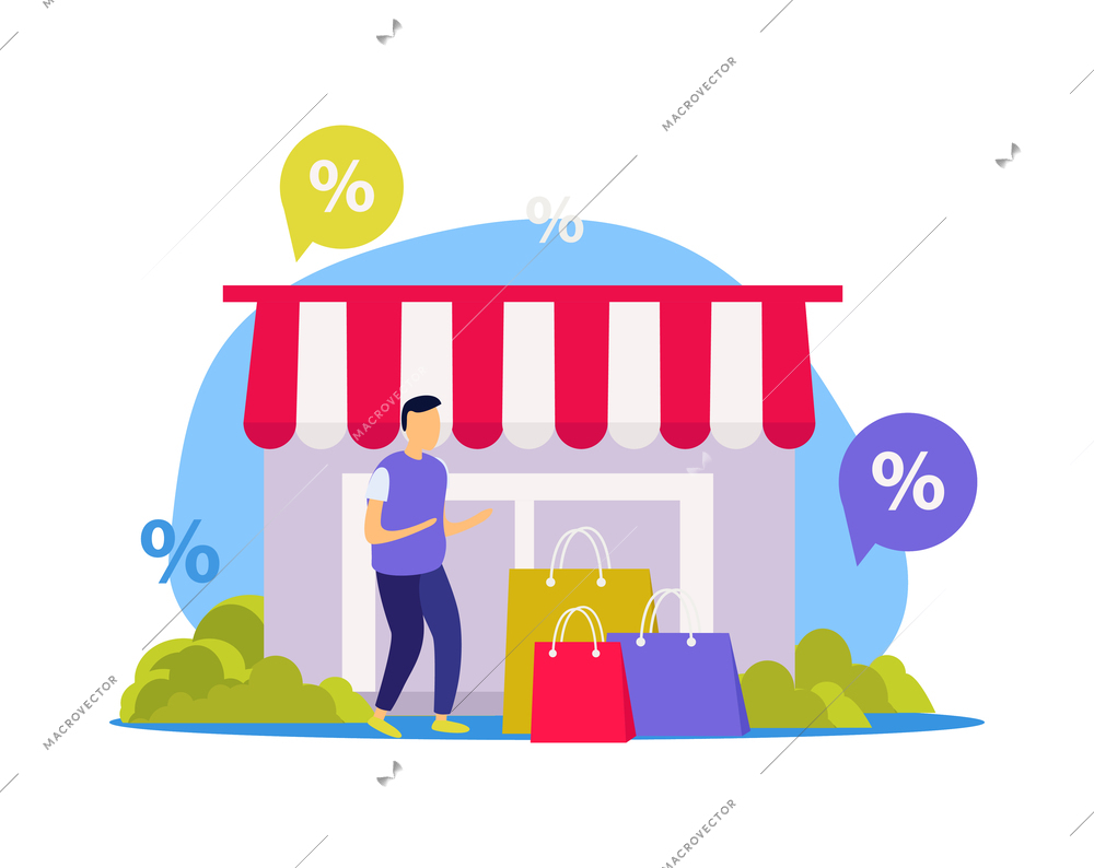 Great sale flat concept with male customer with shopping bags near store vector illustration