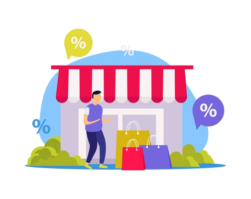 Great sale flat concept with male customer with shopping bags near store vector illustration