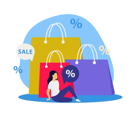 Flat great sale shopping concept with female customer and paper bags vector illustration