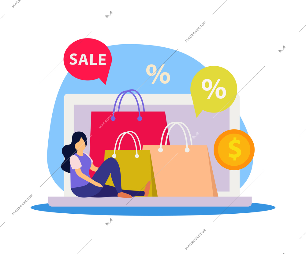 Flat great sale concept with percent signs shopping bags and female customer vector illustration