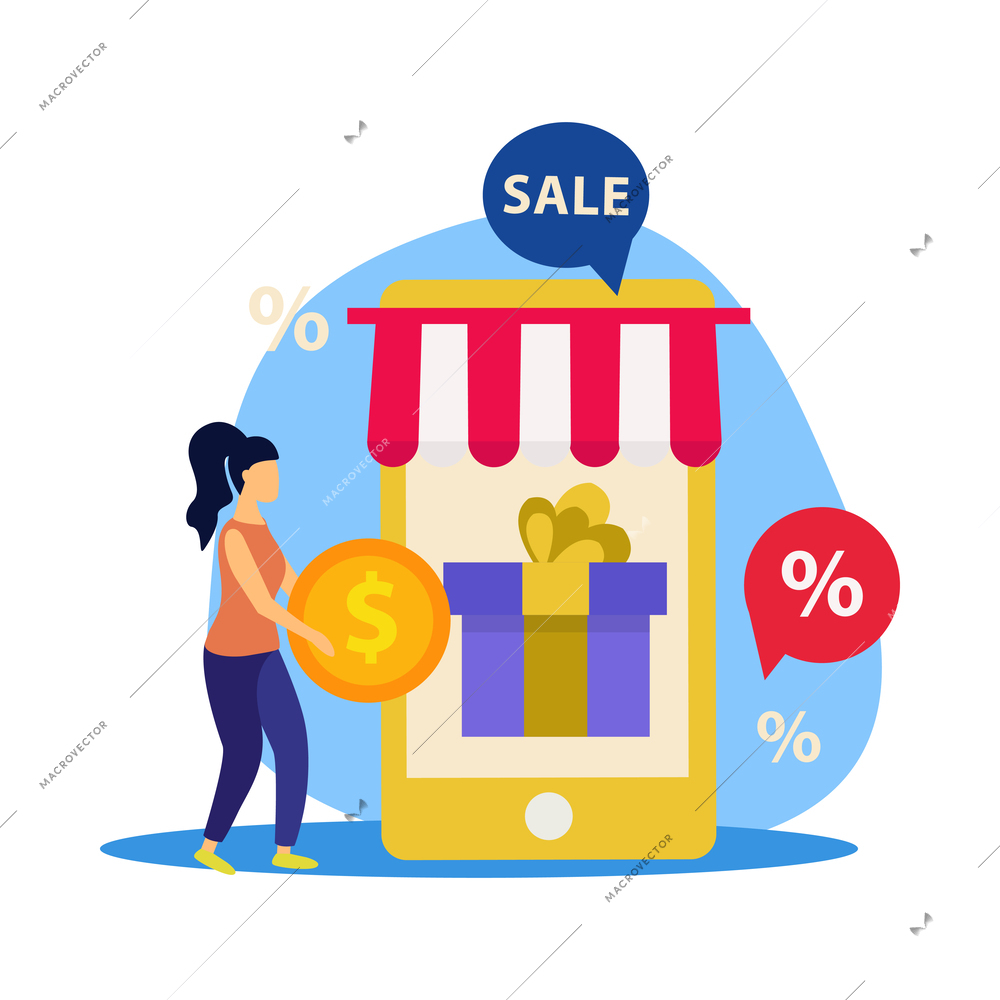 Great sale and online shopping flat concept with smartphone and customer buying gift vector illustration