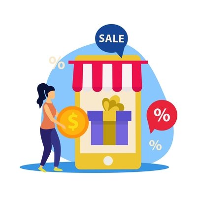 Great sale and online shopping flat concept with smartphone and customer buying gift vector illustration