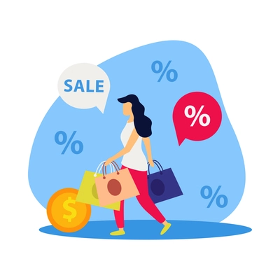 Flat concept of great sale with female customer carrying shopping bags vector illustration