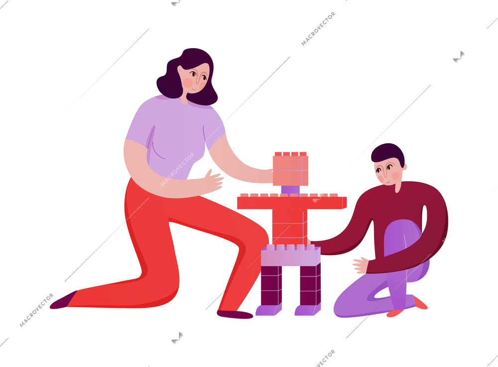 Family activity with mum and child playing together flat vector illustration