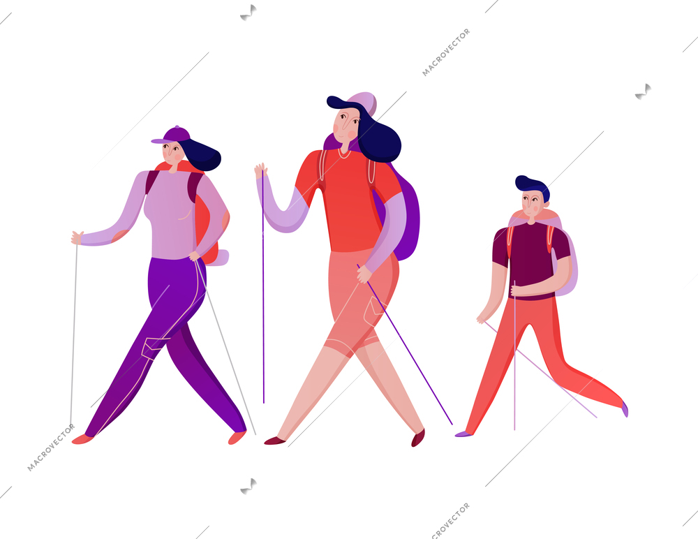 Family activity with woman and children going hiking with backpacks flat vector illustration