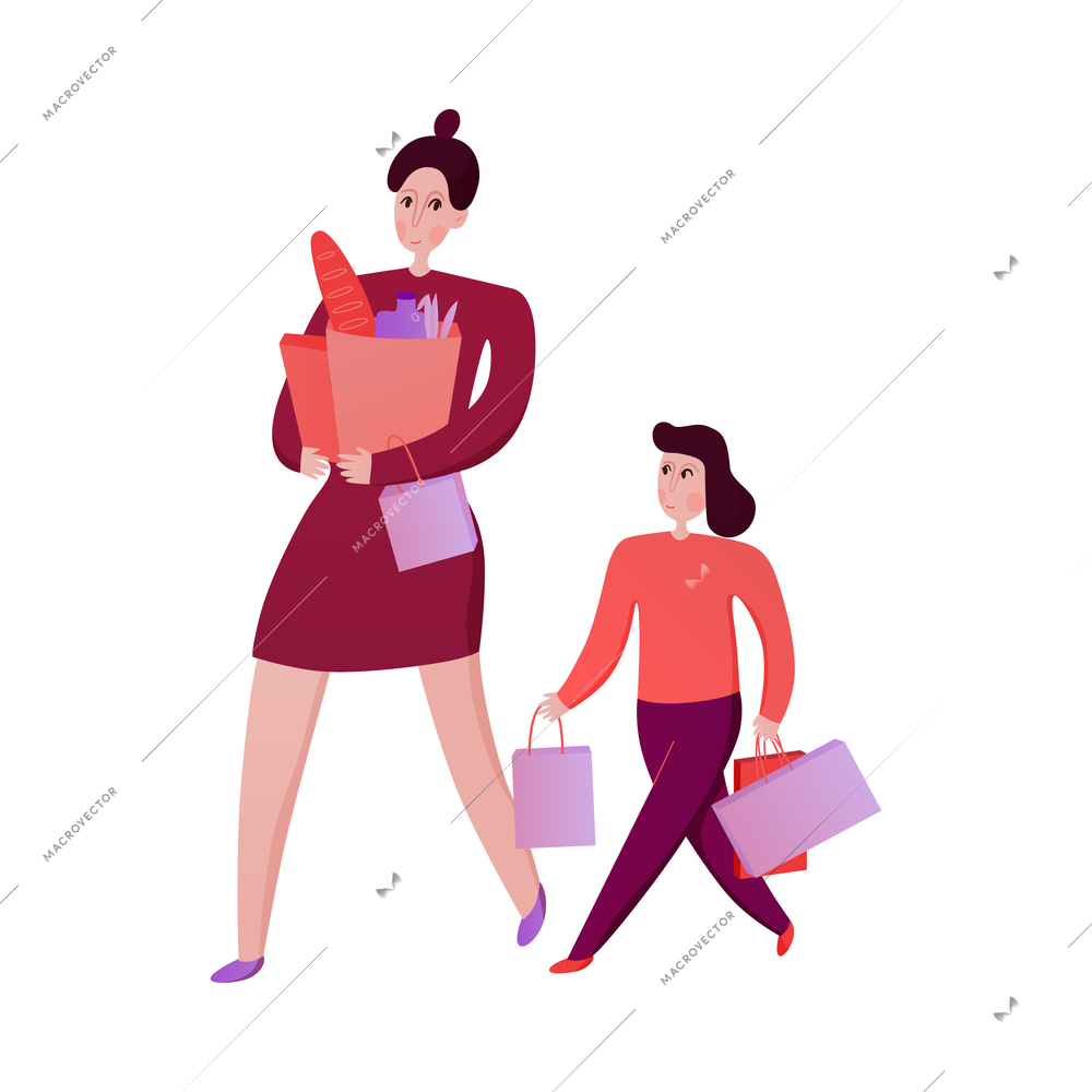 Family activity with mum and daughter going shopping together flat vector illustration