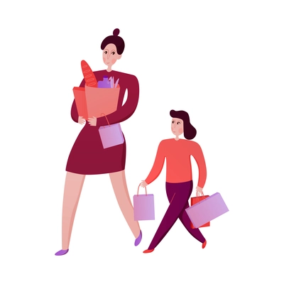 Family activity with mum and daughter going shopping together flat vector illustration