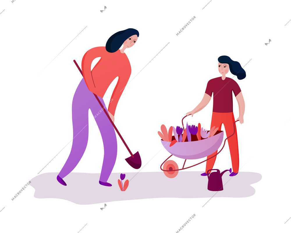 Family activity with mum and daughter planting flowers flat vector illustration