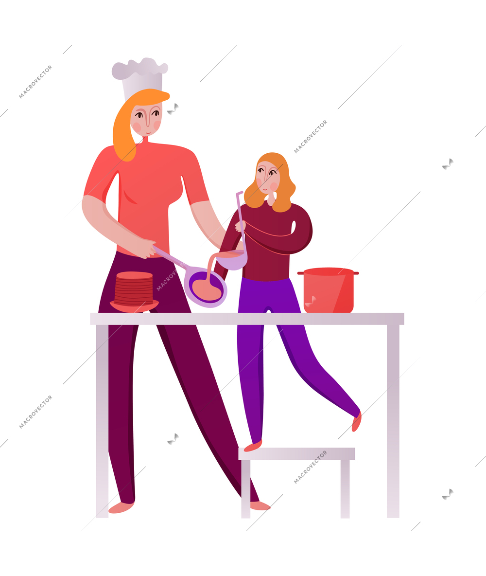 Family activity with mum and daughter cooking together in kitchen flat vector illustration