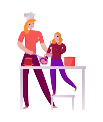 Family activity with mum and daughter cooking together in kitchen flat vector illustration