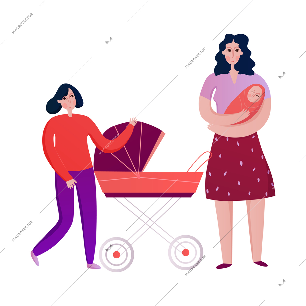 Family activity with mum and daughter walking with baby flat vector illustration