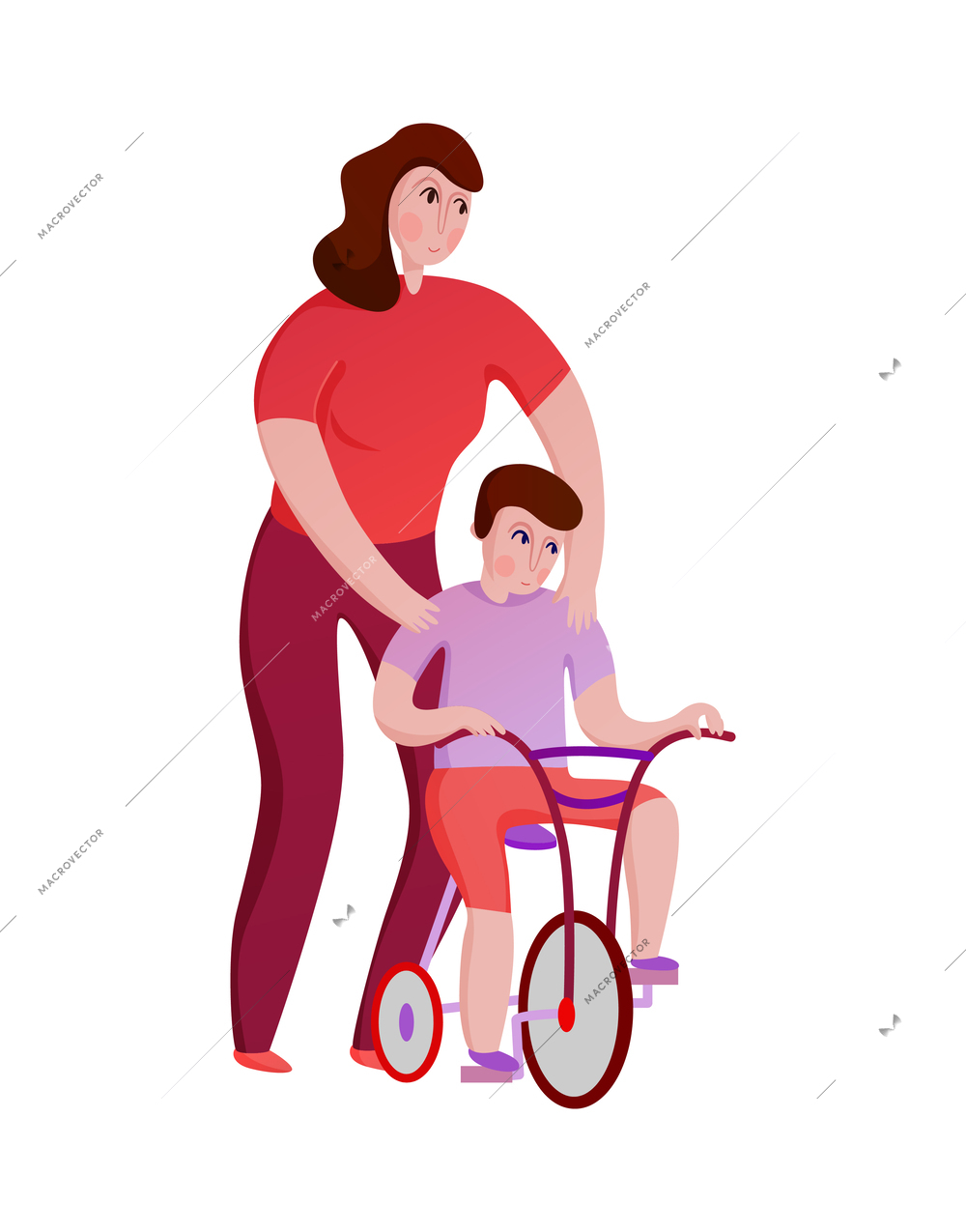 Family activity with mum helping little son ride bike flat vector illustration