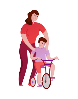 Family activity with mum helping little son ride bike flat vector illustration