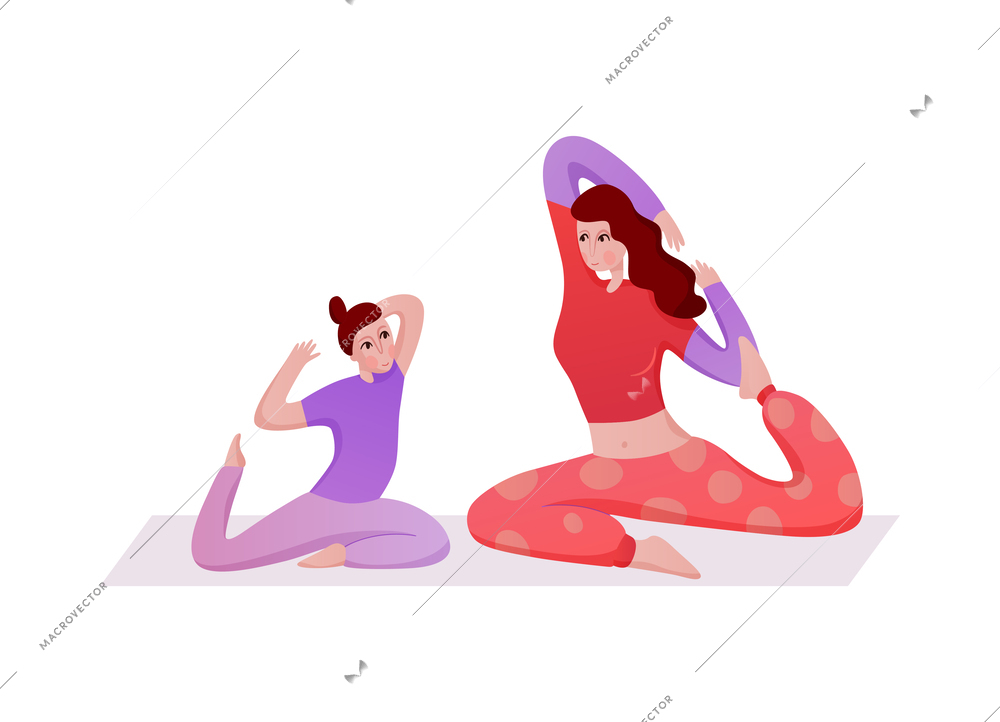 Family activity with mum doing yoga with her daughter flat vector illustration