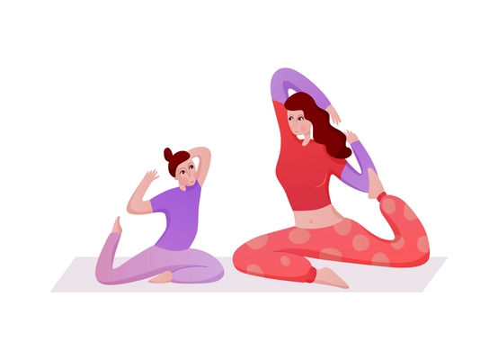 Family activity with mum doing yoga with her daughter flat vector illustration