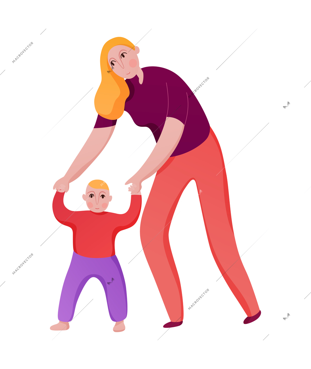 Family activity with little son learning to walk with mum flat vector illustration