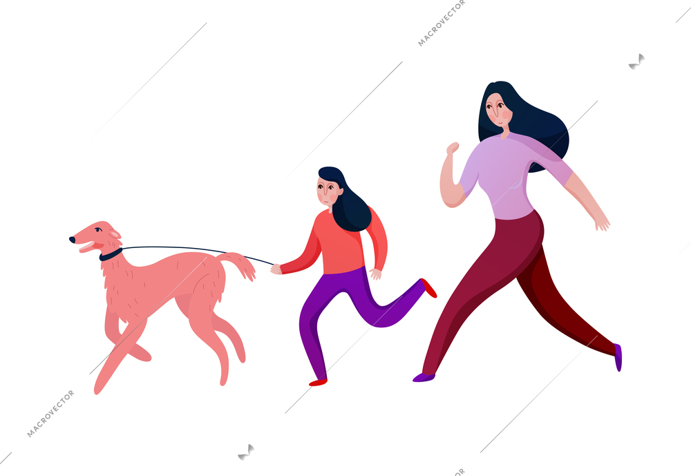 Family activity with mum and daughter walking with dog flat vector illustration