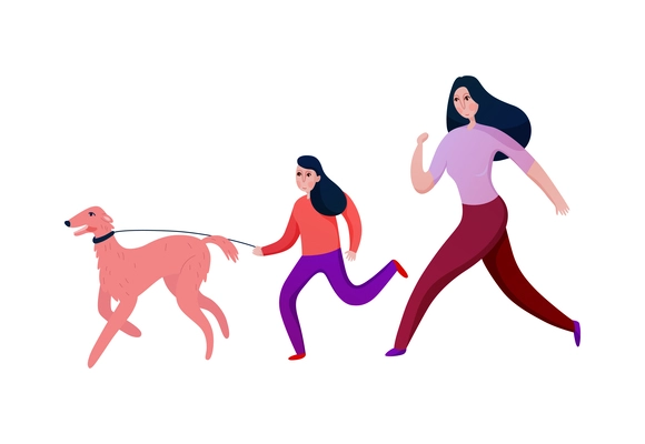 Family activity with mum and daughter walking with dog flat vector illustration