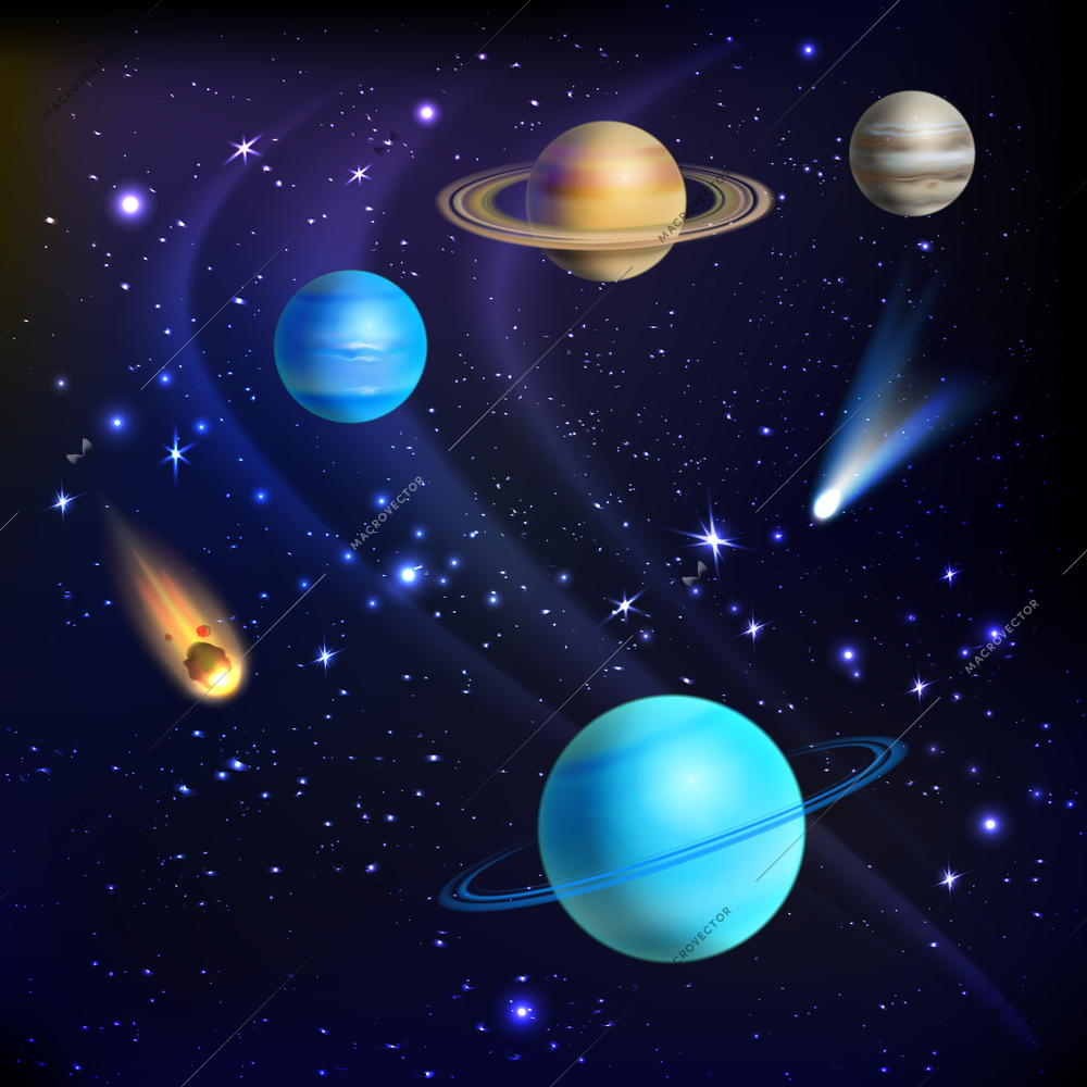 Space background with solar system planets comets and meteors vector illustration