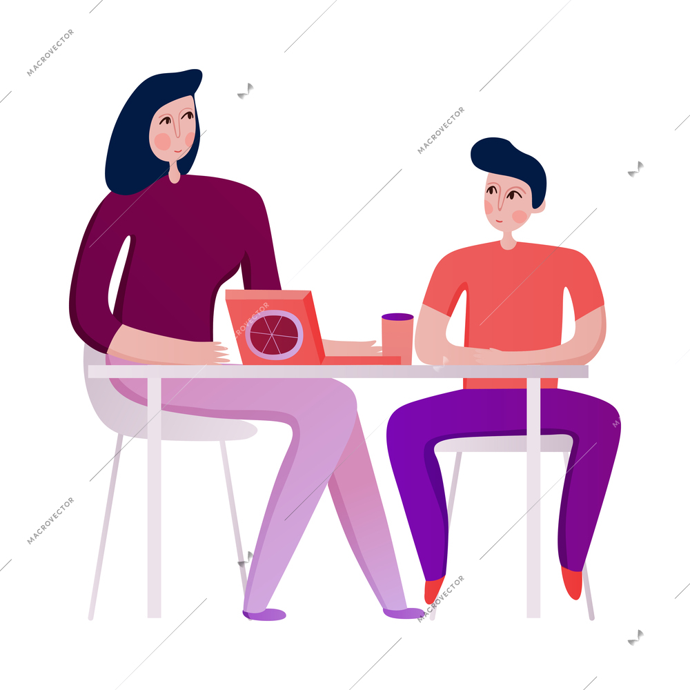 Family activity with mum eating out with her son flat vector illustration