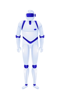 Blue and white robot against blank background flat vector illustration