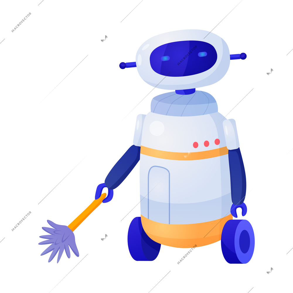 Cute robot household helper with duster flat vector illustration