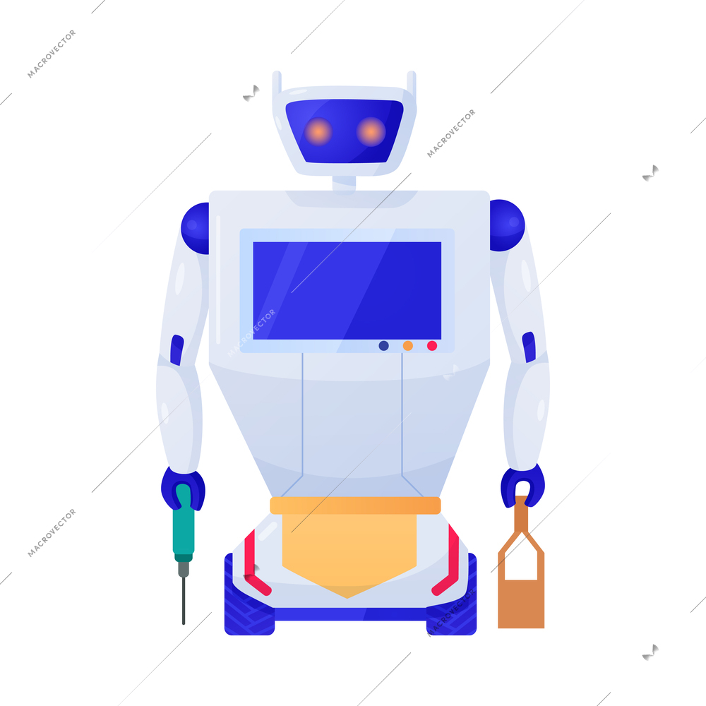 Robot household helper with construction tools flat vector illustration