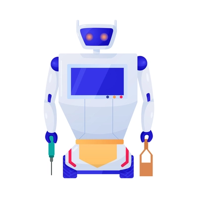Robot household helper with construction tools flat vector illustration