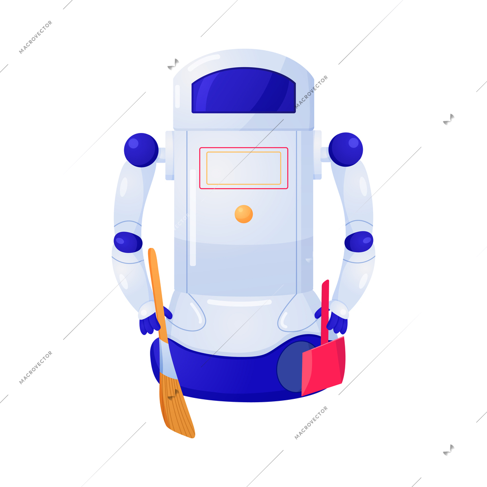 Flat robot household helper with broom and dustpan vector illustration