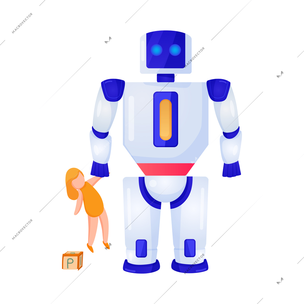 Artificial intelligence robot nurse household helper with doll flat vector illustration