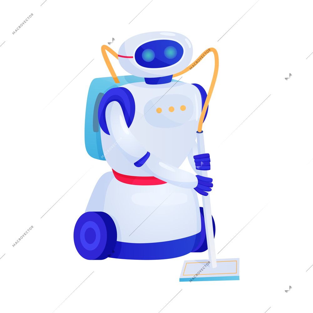 Artificial intelligence machine flat icon with robot vacuuming floor vector illustration