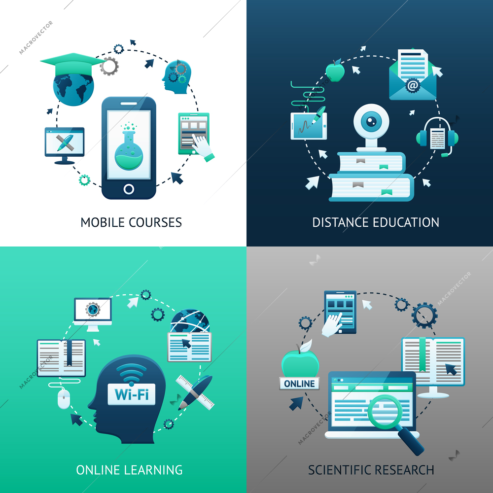 Online education design concept set with mobile courses distance learning scientific research icons isolated vector illustration