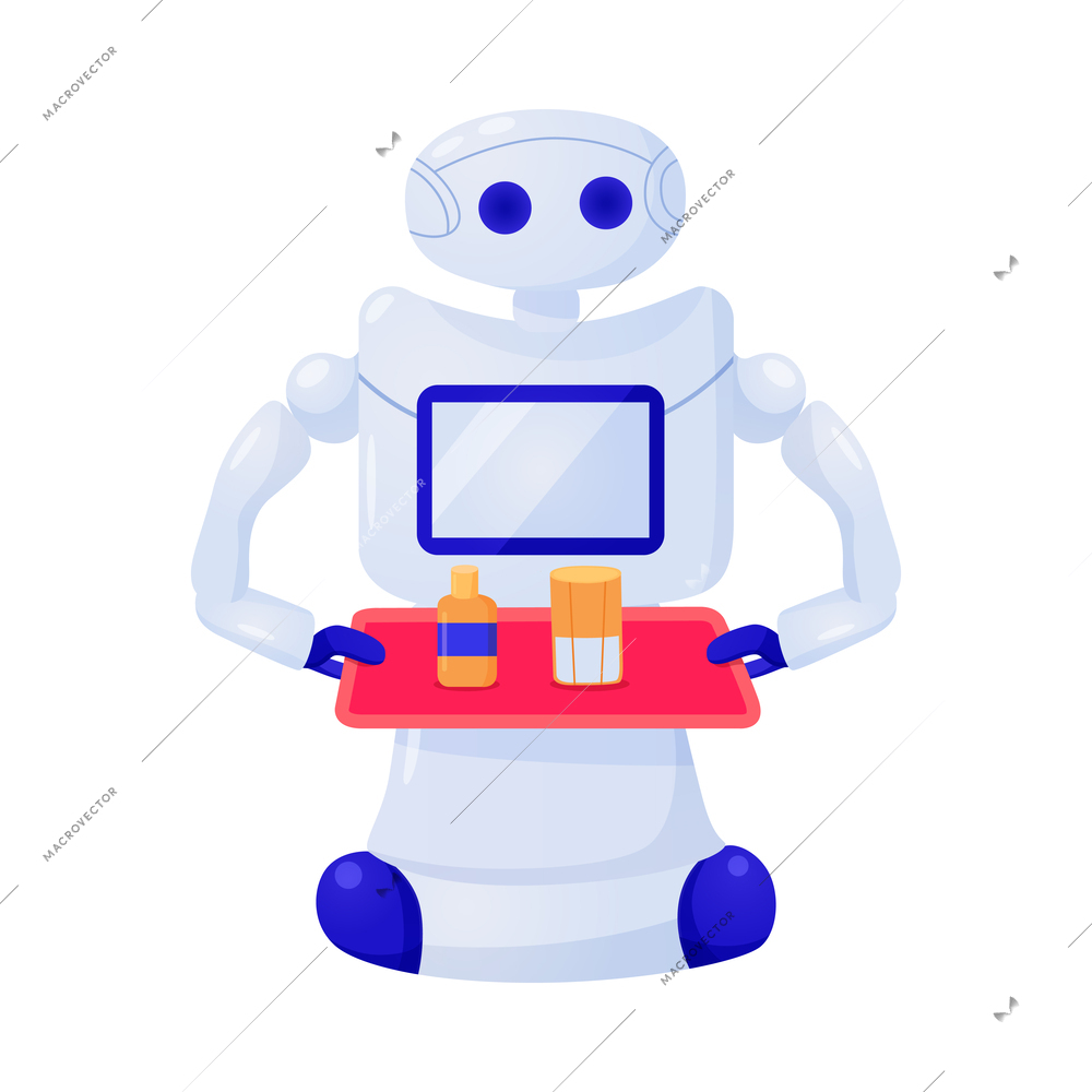 Flat artificial intelligence machine icon with robot waiter holding tray vector illustration